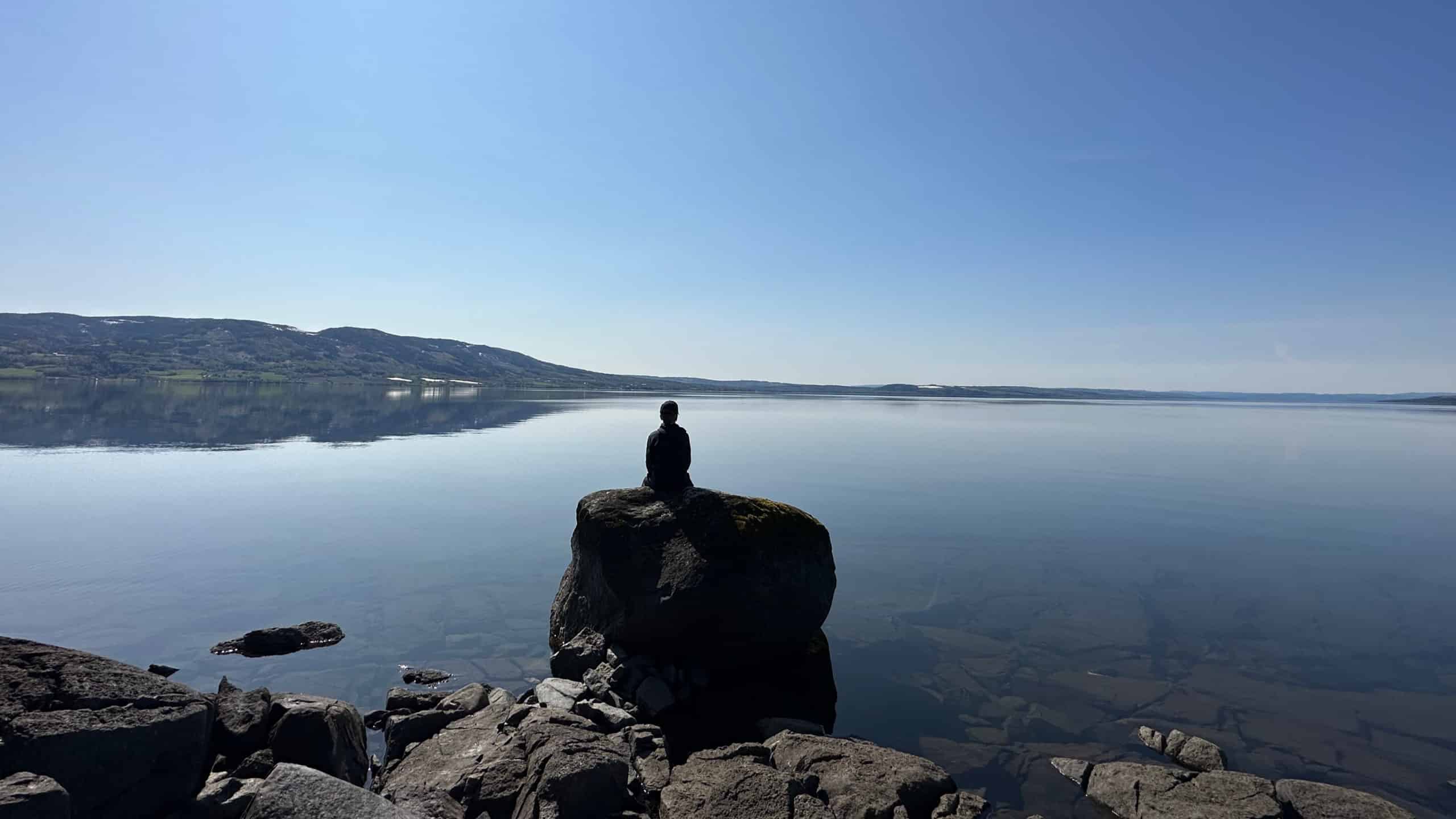 Bildet viser en person som ser utover Mjøsa en godværsdag
